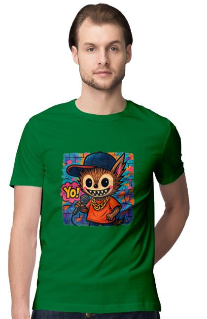 Футболка чоловіча з принтом "Лабубу". Бейсболка, вуличне мистецтво, графіті, золотийланцюг, лабубу, мікрофон, міський стиль, репатмосфера, хіпхоп, яскраво. 2070702