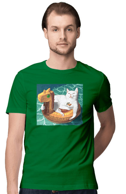 Футболка чоловіча з принтом "Білий кіт у плавальному колі, на відпочинку". Басейн, відпочинок, кіт, коктейль, море, плавальний круг. 2070702