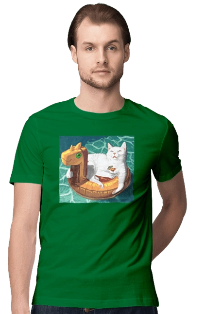 Білий кіт у плавальному колі, на відпочинку