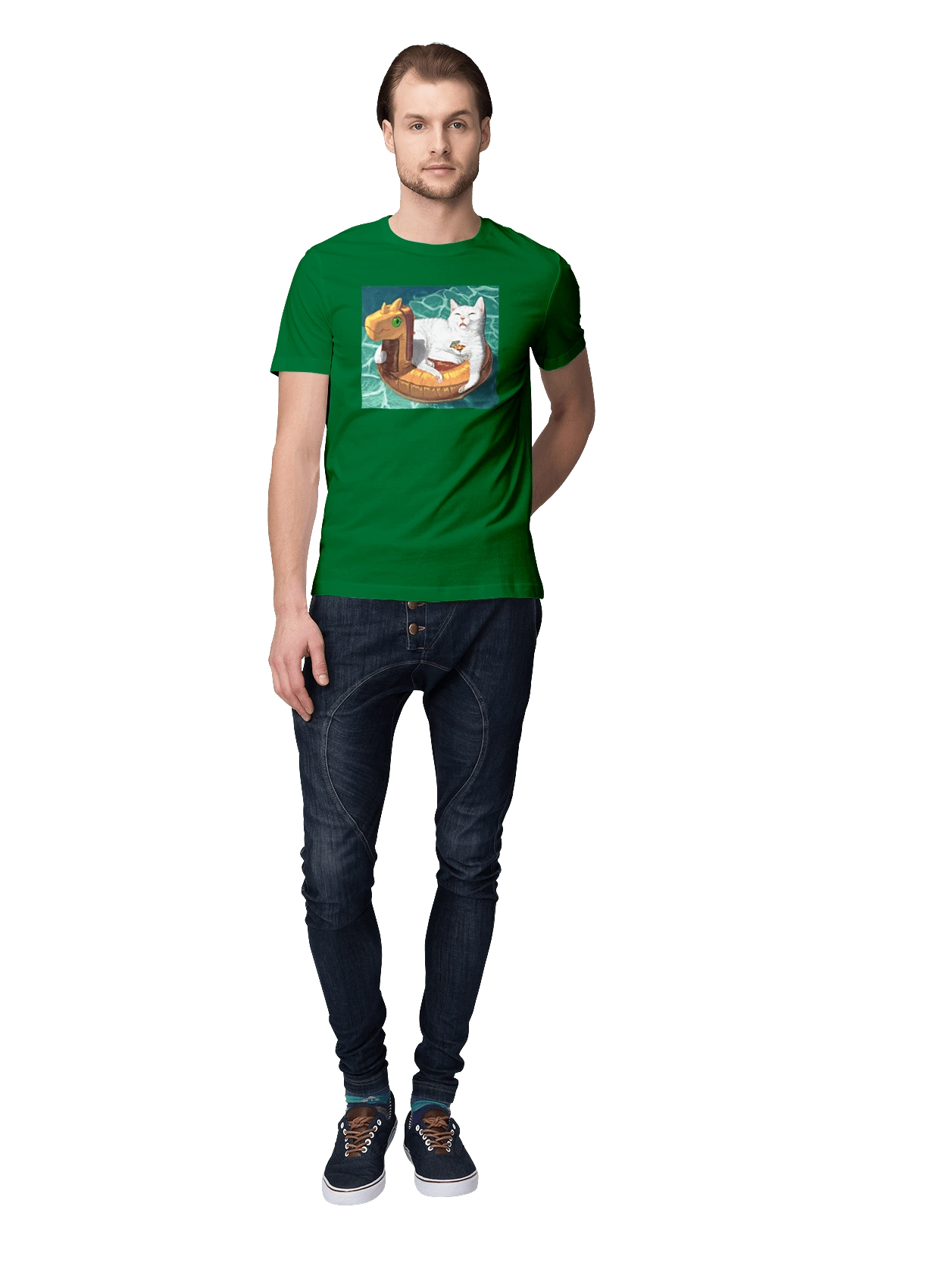 Білий кіт у плавальному колі, на відпочинку