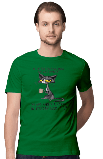 Men`s t-shirt with prints How to survive it?. Cat and mug, drink, everything is fine, go fuck yourself, large glass, meditation, pour, suck. 2070702