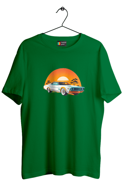 Men`s t-shirt with prints Beautiful car at sunset. Auto, decline, sun. 2070702