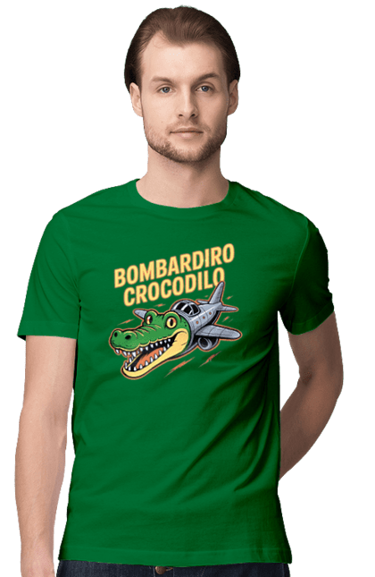 Футболка чоловіча з принтом "Bombardino Crocodilo". Bombardino, bombardino crocodilo, crocodilo, бомбардиро крокодило, бомбардіно крокоділо, крокодил, крокодил літак, крокодил мем, мем бомбардине крокодило, меми. 2070702