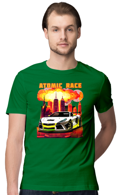 Футболка чоловіча з принтом "Атомна гонка". Авто, автомобіль, атомні перегони, гонки, гоночні машини, спортивна машина, спорткар. 2070702