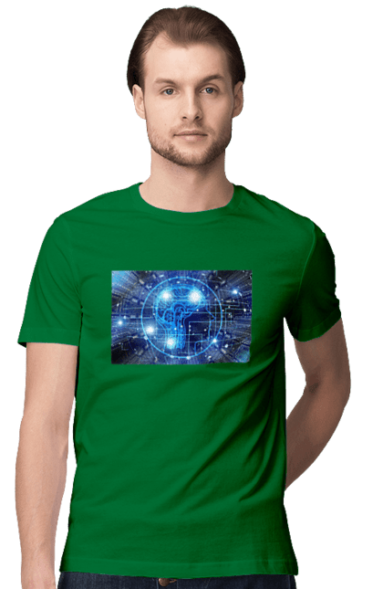 Футболка чоловіча з принтом "Штучний інтелект". Айті, айтішник, гік, знання, інженер, інтелект, кібер, кібернетика, кіборг, код, комп, комп`ютерник, кристал, машинне навчання, мікросхема, мозок, портрет, програміст, професіонал, професія, розробник, розум, хакер, чіп, штучний інтелект, штучний розум. 2070702