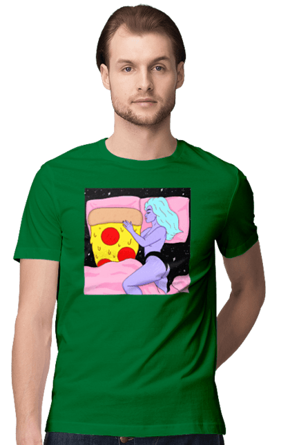 Men`s t-shirt with prints Purple Girl And Pizza. Bed, girl, pizza. 2070702