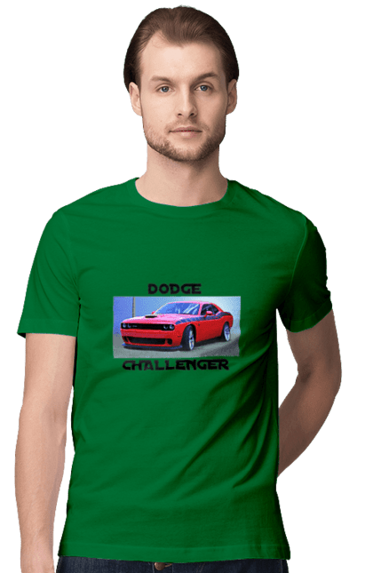Men`s t-shirt with prints Dodge challenger. An american legend, auto, car, classic car, cult car, dodge challenger, oil car, powerful car. 2070702