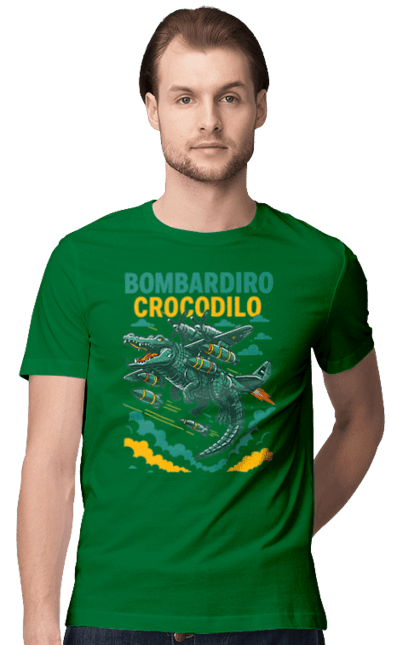 Футболка чоловіча з принтом "Bombardino Crocodilo". Bombardino, bombardino crocodilo, crocodilo, бомбардіно крокоділо, крокодил, крокодил літак, крокодил мем, мем, мем бомбардине крокодило. 2070702