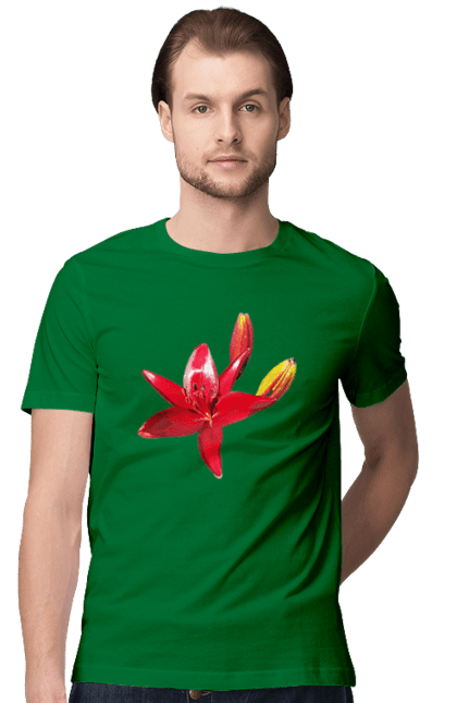 Men`s t-shirt with prints Red lily. Bright, bud, buds, color, flower, lily, nature, red, red flower, red lily, sunny. 2070702