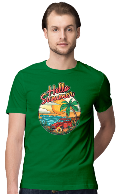 Футболка чоловіча з принтом "Привіт Літо, Машина Біля Моря". Літо, машина, острів, пальма, пляж. 2070702