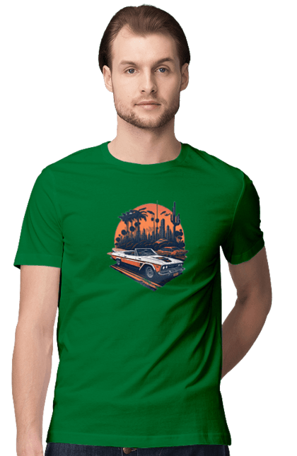 Men`s t-shirt with prints Beautiful car at sunset. Auto, sun, sunset. 2070702