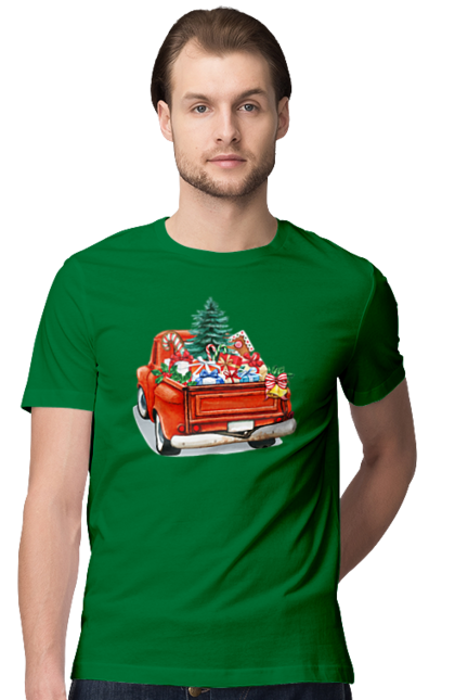 Футболка чоловіча з принтом "Авто з подарунками". Автомобіль, новий рік, подарунки, різдво, санта, ялинка. 2070702