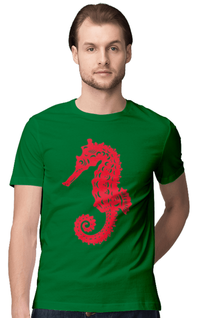 Футболка чоловіча з принтом "Морський коник". Відпочинок, квіти, літні канікули, літо, море, морський коник, морські жителі. 2070702