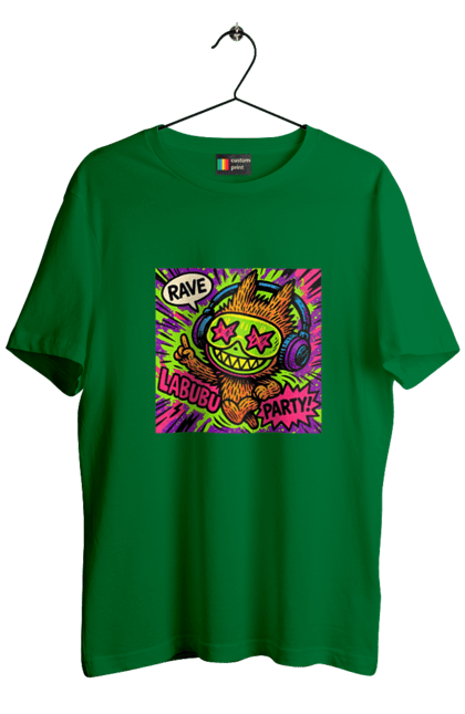 Футболка чоловіча з принтом "Лабубу". Вечірка, вуличне мистецтво, графіті, зоряніочі, коміксстиль, лабубу, навушники, неон, попарт, рейв. 2070702