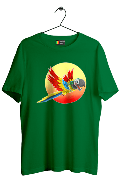 Футболка чоловіча з принтом "Папуга На Тлі Сонця". Ара, веселий, відпочинок, відпустка, диск, жарко, жовтий, коло, кольоровий, крила, літає, літо, папуга, папужка, пір`я, політ, помаранчевий, птах, різнокольоровий, сонце, сонячно, спека, тепло, тропіки, у польоті, червоний. 2070702