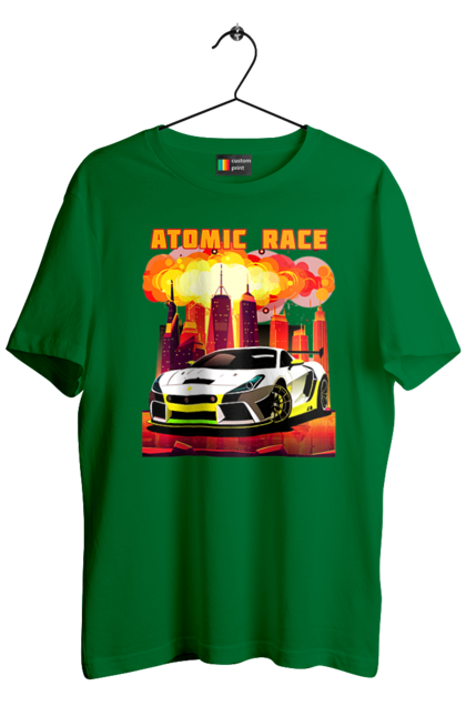 Футболка чоловіча з принтом "Атомна гонка". Авто, автомобіль, атомні перегони, гонки, гоночні машини, спортивна машина, спорткар. 2070702