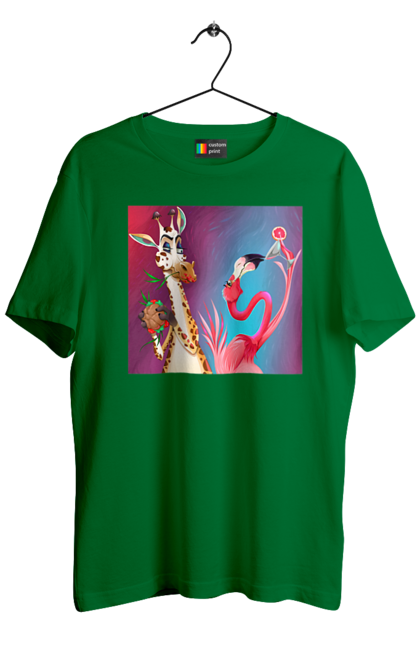 Men`s t-shirt with prints Giraffe And Flamingo At The Party. Cocktail, flamingo, food, giraffe. 2070702