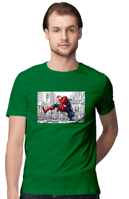 Футболка чоловіча з принтом "Людина павук і біле місто". Герой, людина павук, марвел, місто, павук, павутиння, рятувальник, спайдермен. CustomPrint.market