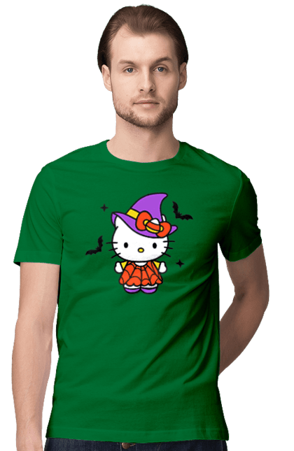 Men's t-shirt with prints Hello Kitty Halloween. Brand, cat, character, halloween, hello kitty, kitten, kitty, witch. 2070702