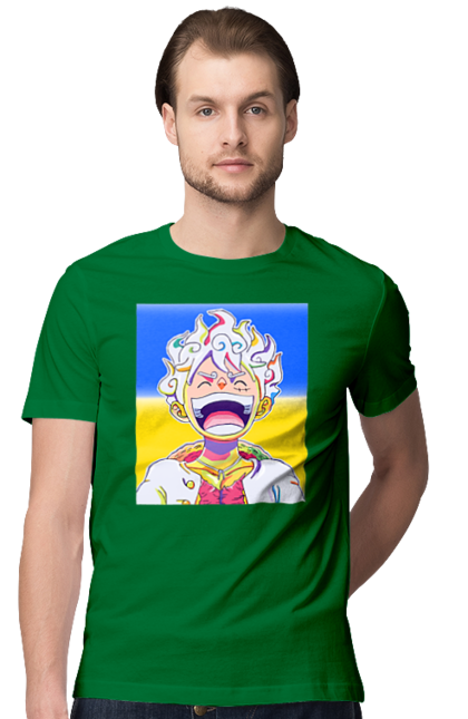 Футболка чоловіча з принтом "Монкі д Луффі сміється на жовто блактному фоні". Ван піс, луффі, монкі д. луффі, прапор україни, символ україни, україна. 2070702