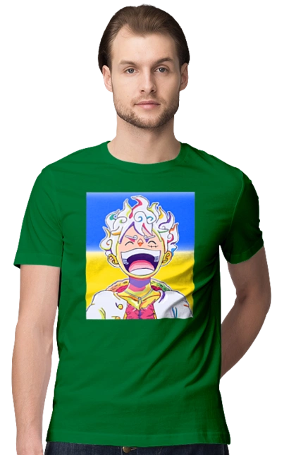 Monkey D Luffy laughing on a yellow blue background