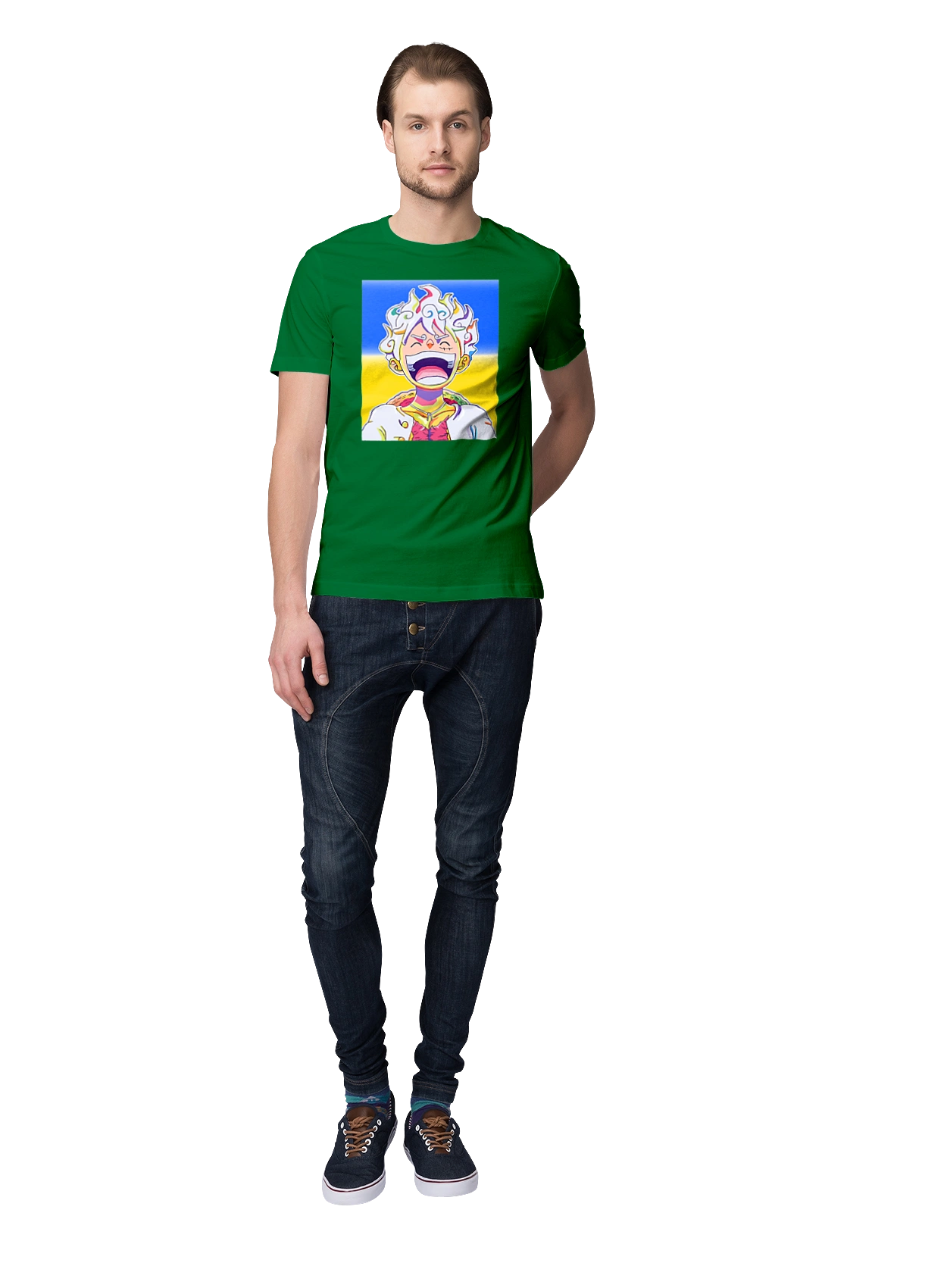 Monkey D Luffy laughing on a yellow blue background