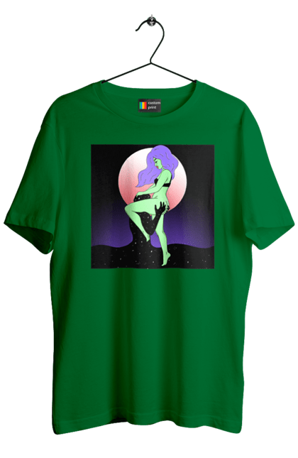 Men`s t-shirt with prints Green Girl And The Moon. Alien, moon. 2070702