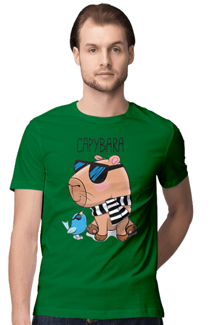 Футболка чоловіча з принтом "Стильна капібара". Капібара, модна капібара, настрій, окуляри, птах, сонячні окуляри, стильна капібара, тварина, шарф у смужку. 2070702