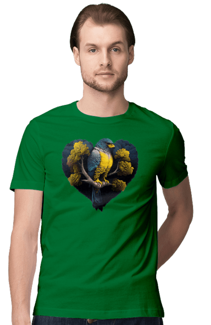 Men`s t-shirt with prints Blue and yellow falcon. Falcon, flag of ukraine, heart, symbol of ukraine, tree, ukraine. 2070702