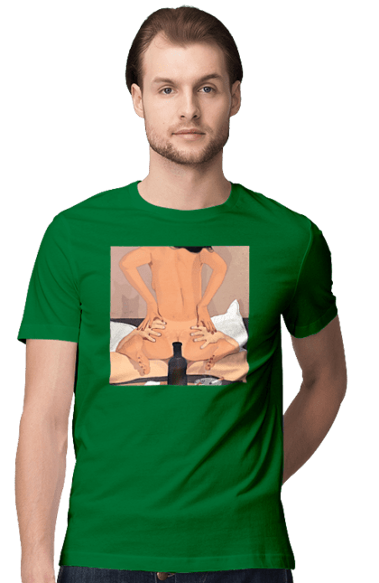 Футболка чоловіча з принтом "Гола Дівчина, Пляшка І Сигарети". Гола, зверху. 2070702