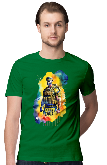 Футболка чоловіча з принтом "Супер тато ЗСУ". День батька, день тата, зсу, люблю тата, супер, супер тато, супер тато зсу, тато, тато зсу, україна. 2070702