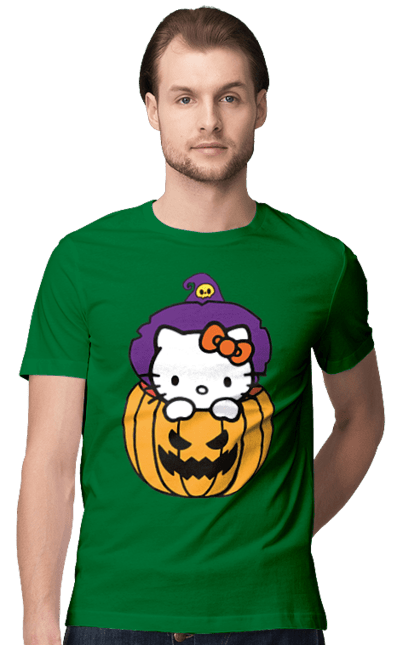 Футболка чоловіча з принтом "Хелло Кітті Хелловін". Halloween, hello kitty, witch, бренд, відьма, кіт, кошеня, персонаж, хелло кітті, хелловін. 2070702