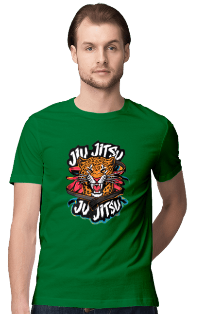 Men's t-shirt with prints Jujutsu. Animal, japan, jiu jitsu, jujutsu, leopard, martial arts, ninja, samurai, sport. 2070702