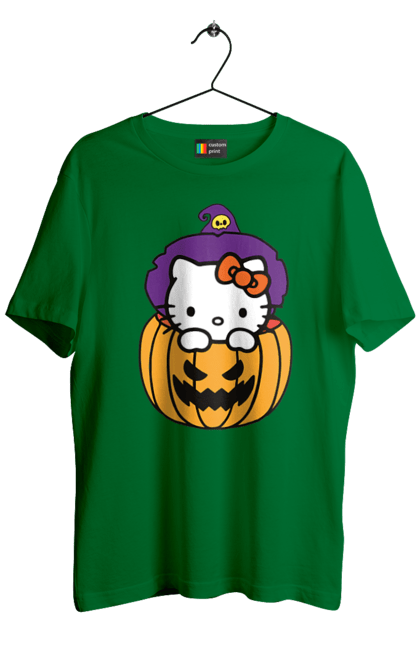 Футболка чоловіча з принтом "Хелло Кітті Хелловін". Halloween, hello kitty, witch, бренд, відьма, кіт, кошеня, персонаж, хелло кітті, хелловін. 2070702