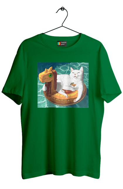 Футболка чоловіча з принтом "Білий кіт у плавальному колі, на відпочинку". Басейн, відпочинок, кіт, коктейль, море, плавальний круг. 2070702