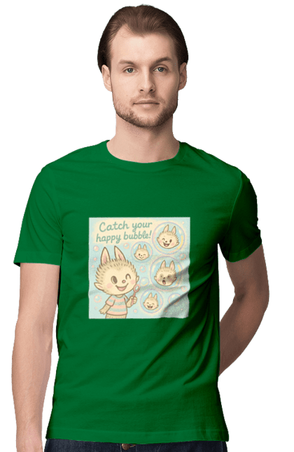 Футболка чоловіча з принтом "Лабубу". Бульбашки, грайливо, каваї, казково, лабубу, милаілюстрація, ніжнікольори, пастельнамистецтво, щасливі бульбашки. 2070702