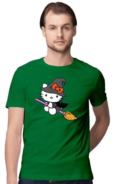 Футболка мужская с принтом Хелло Китти Хэллоуин. Halloween, hello kitty, witch, бренд, ведьма, кот, котенок, персонаж, хелло китти, хэллоуин. 2070702