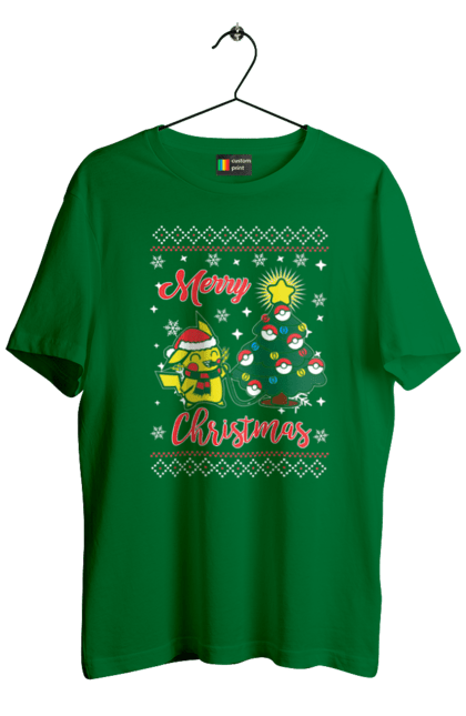 Men`s t-shirt with prints Pikachu Merry Christmas. Anime, christmas, game, manga, merry christmas, nintendo, pikachu, pokemon. 2070702