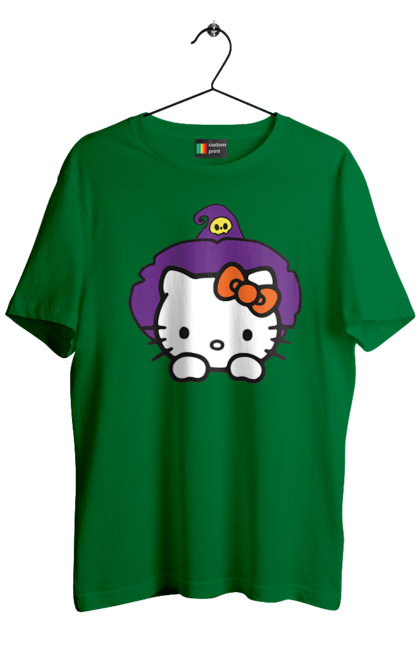 Футболка мужская с принтом Хелло Китти Хэллоуин. Halloween, hello kitty, witch, бренд, ведьма, кот, котенок, персонаж, хелло китти, хэллоуин. 2070702