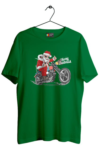 Футболка чоловіча з принтом "Санта в окулярах на мотоциклі". Байкер, дід мороз, зима, мотоцикл, новий рік, різдво, санта, санта клаус, сніг, щасливого різдва. futbolka.stylus.ua