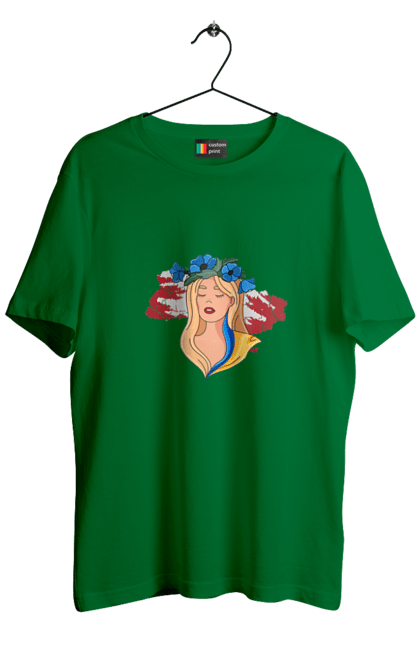 Men`s t-shirt with prints Girl on the map of Ukraine. Blue, flag, flowers, girl, girl on the map, map of ukraine, red, ukraine, yellow. 2070702