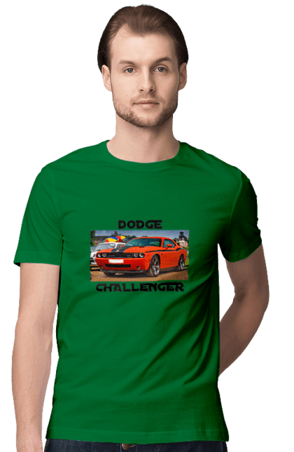 Men`s t-shirt with prints Dodge challenger. Auto, car, classic car, cult car, dodge challenger, oil car, powerful car. 2070702