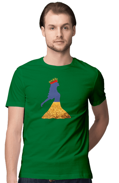 Men`s t-shirt with prints Ukraine. Girl, national colors, poppies, sky, wheat field, wreath, yellow blue. 2070702