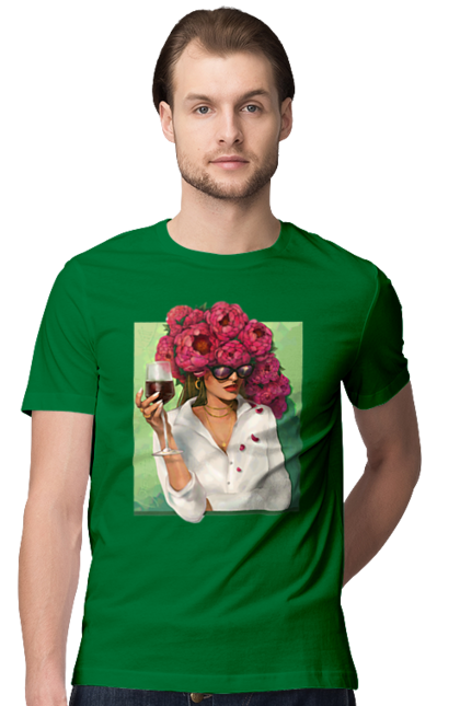 Футболка чоловіча з принтом "Дівчина з півоніями та келихом". Вино, дівчина, квітка, келих, літо, окуляри, півонії, сорочка. 2070702