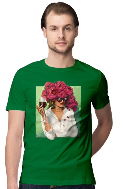 Girl with peonies and a glass