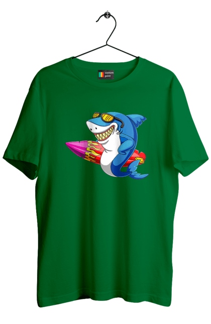 Футболка чоловіча з принтом "Акула В Окулярах З Серфінгом". Акула, літо, окуляри, серфінг. 2070702