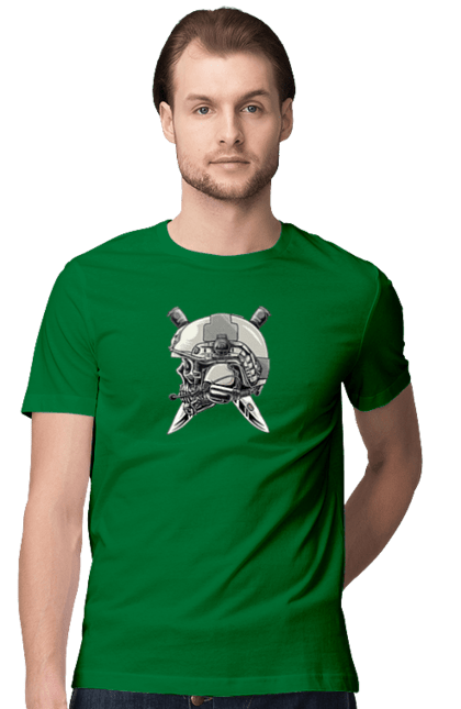 Men`s t-shirt with prints Pilot`s skull. Defender, helmet, military, pilot, skull, than. 2070702
