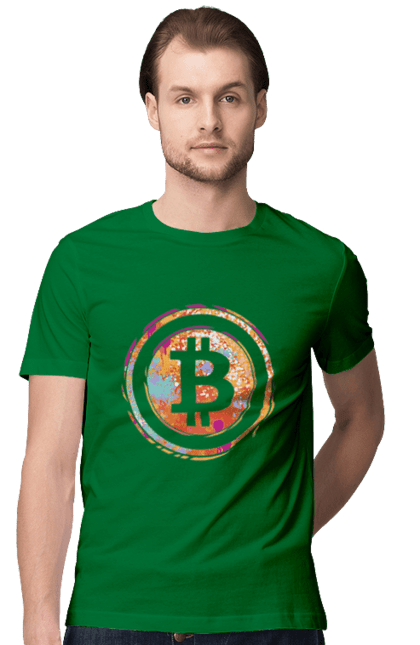Футболка чоловіча з принтом "Біткоїн". Биткоин, бінарний, біткоїн, біткойн, валюта, гроші, крипто, програміст, хакер. 2070702