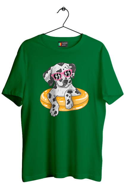 Men`s t-shirt with prints Dalmatian Swims In A Circle. Dalmatian, dog, glasses, to swim. 2070702