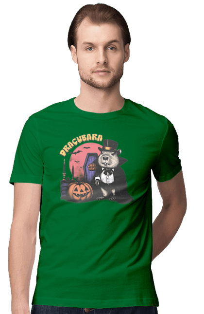 Men's t-shirt with prints Capybara Halloween. Animal, capybara, ghost, halloween, holiday, moon, pumpkin, rodent, vampire. 2070702